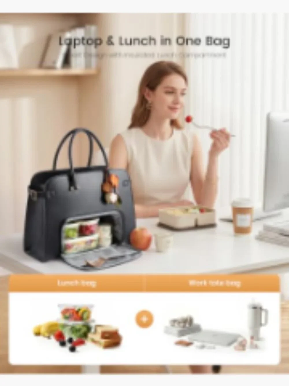 Insulated Lunch Tote Bag with Laptop Compartment, Expandable Leather Work Tote,
